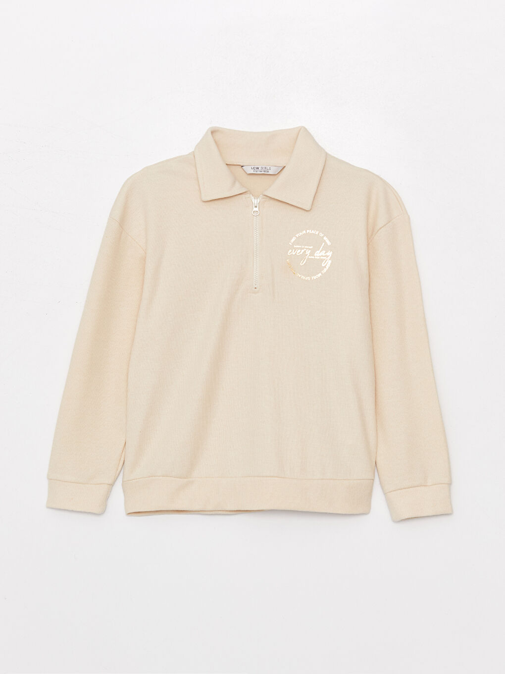 LCW Kids Açık Bej Polo Yaka Baskılı Uzun Kollu Kız Çocuk Sweatshirt - 2