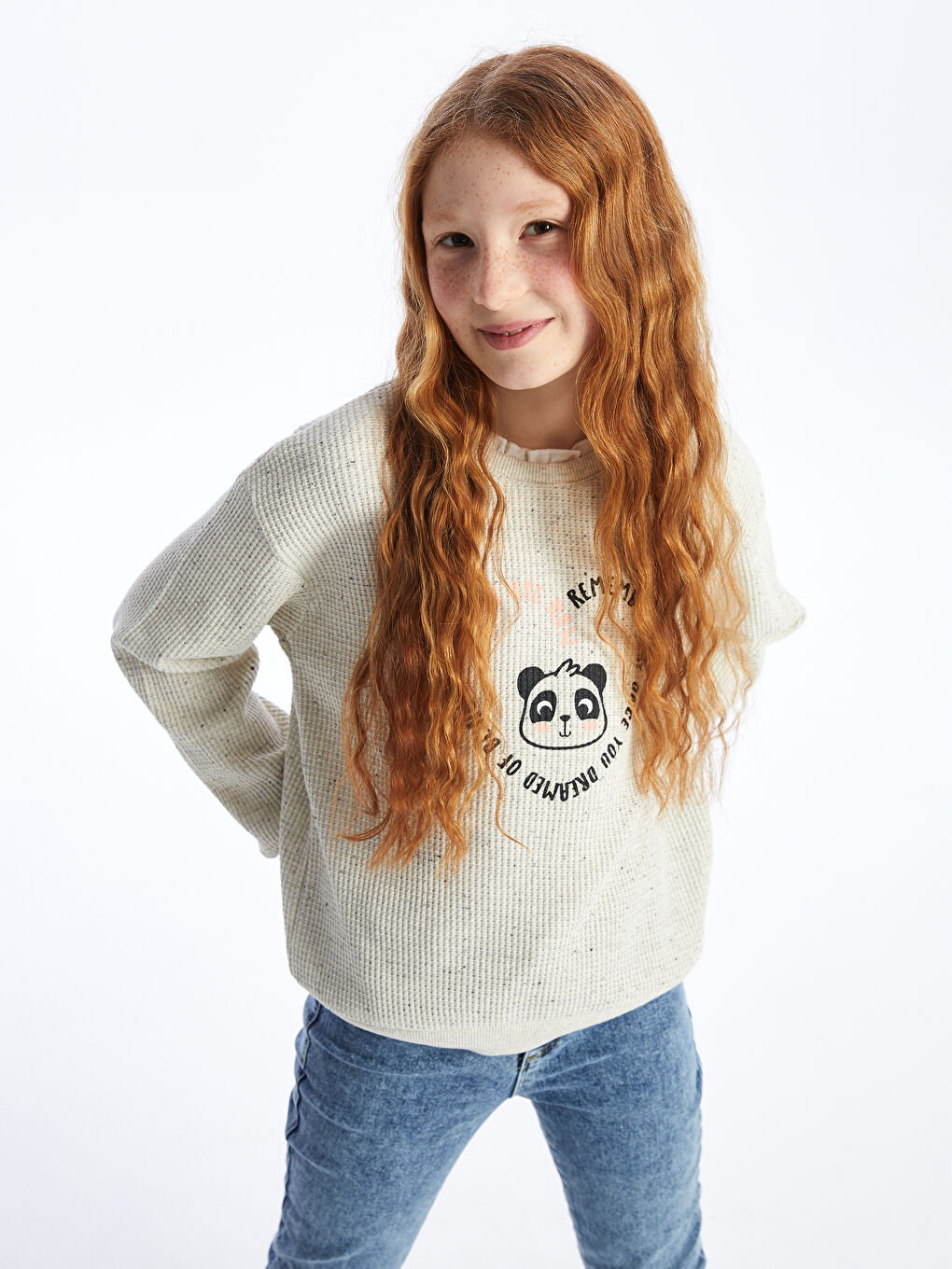 LCW Kids Ekru Nopeli Bisiklet Yaka Baskılı Uzun Kollu Kız Çocuk Sweatshirt