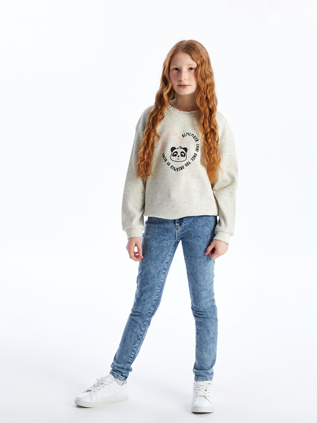 LCW Kids Ekru Nopeli Bisiklet Yaka Baskılı Uzun Kollu Kız Çocuk Sweatshirt - 1