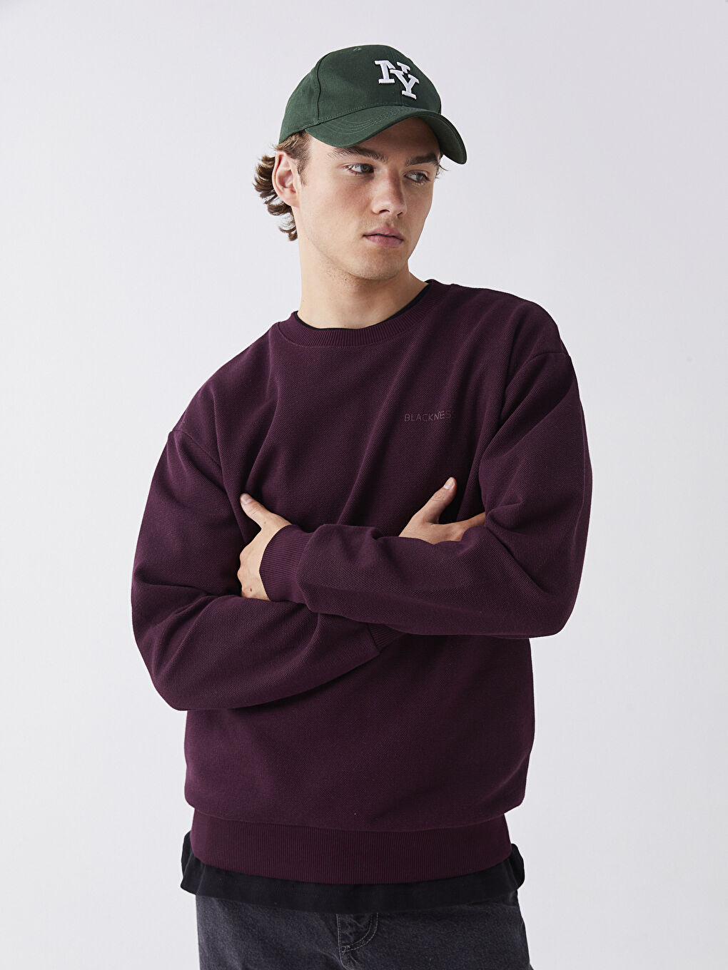 LCW Casual Bordo Bisiklet Yaka Uzun Kollu Baskılı Erkek Kalın Sweatshirt