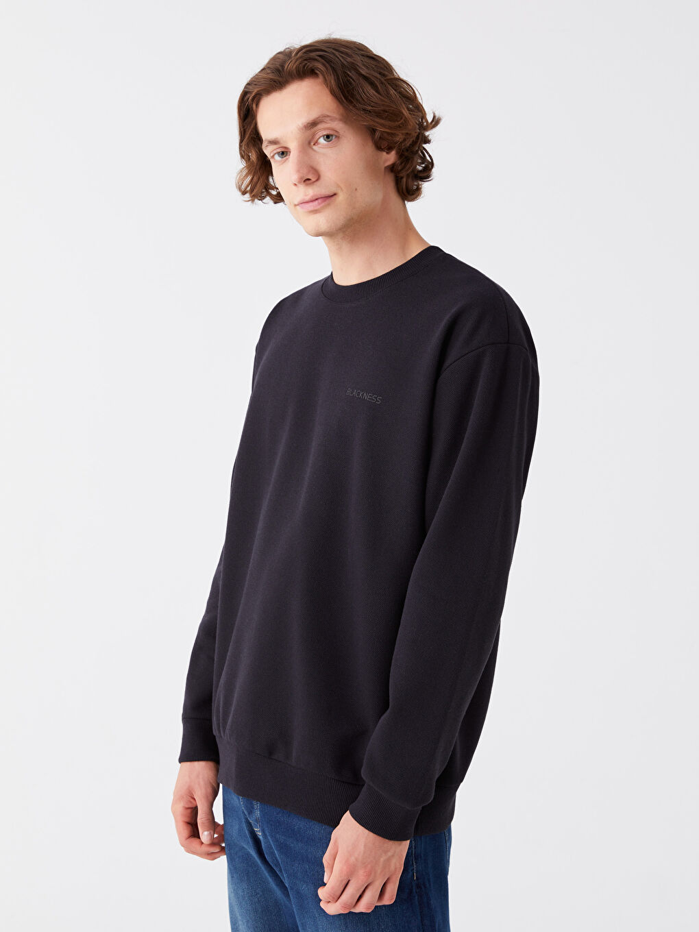 LCW Casual Yeni Siyah Bisiklet Yaka Uzun Kollu Baskılı Erkek Sweatshirt