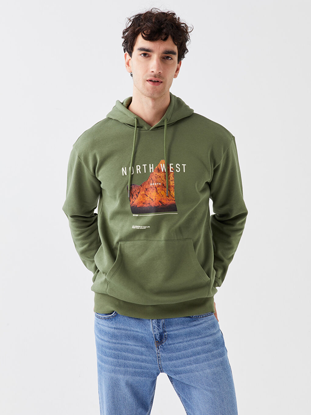 LCW Casual Yeşil Uzun Kollu Baskılı Erkek Hoodie