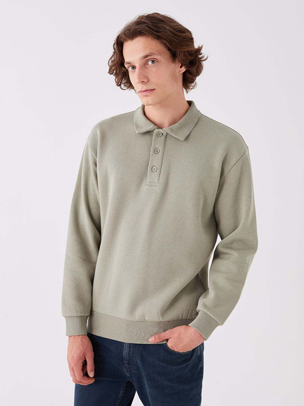 LCW Casual Açık Haki Polo Yaka Uzun Kollu Erkek Sweatshirt