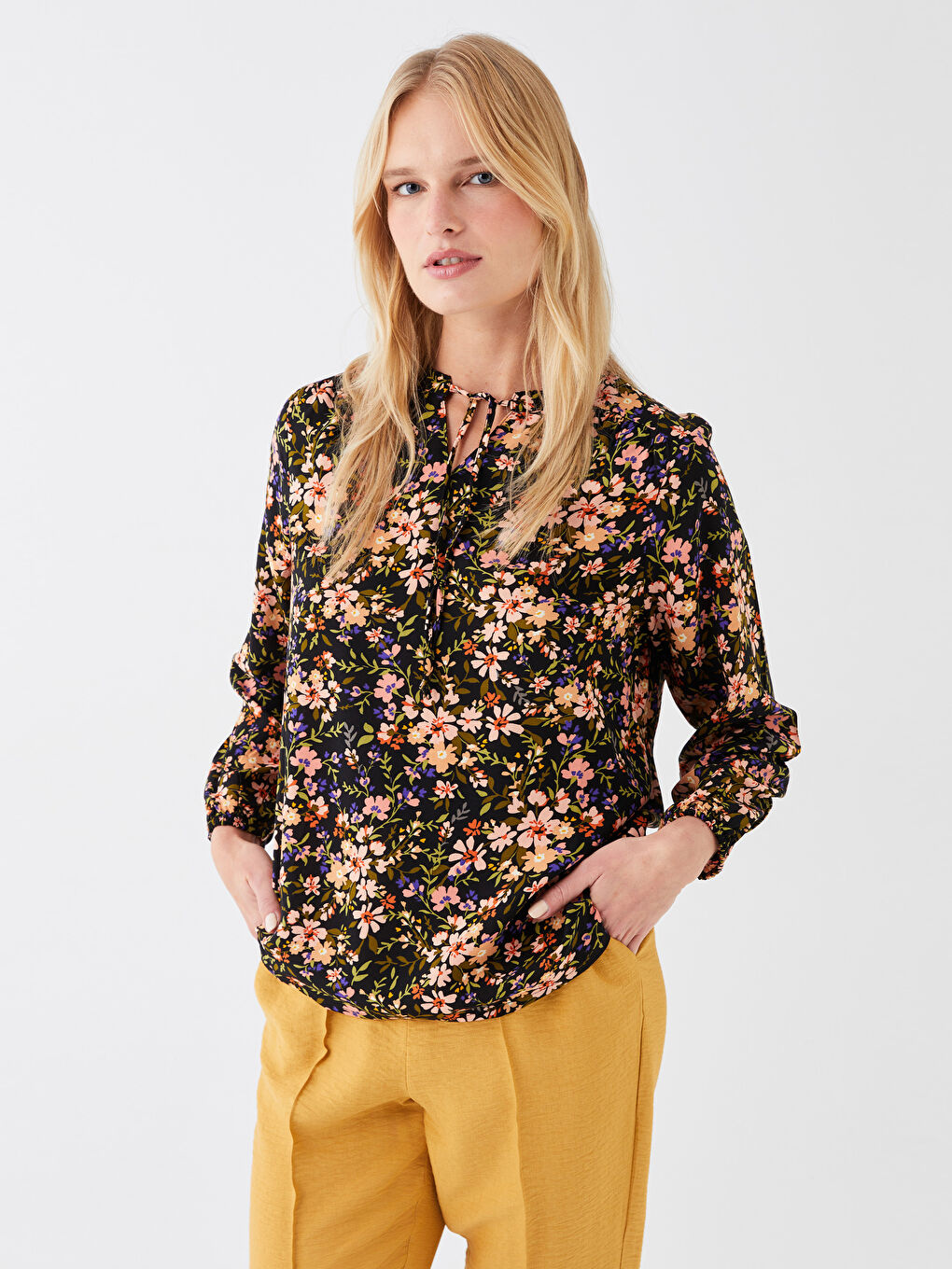 Tie Neck Floral Long Sleeve Women's Blouse-1
