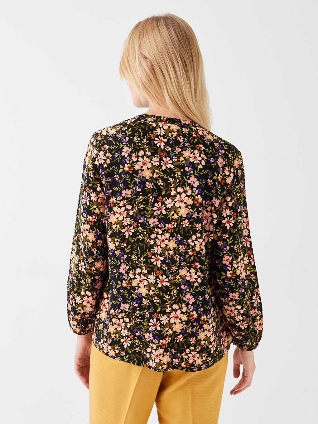 Tie Neck Floral Long Sleeve Women's Blouse-4