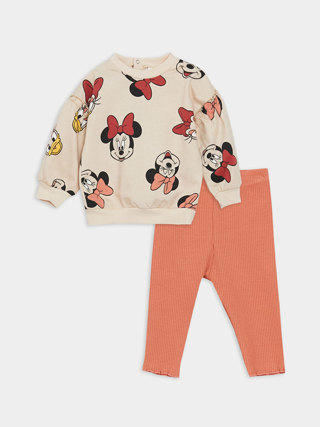 LCW baby Bej Bisiklet Yaka Uzun Kollu Minnie Mouse Baskılı Kız Bebek Sweatshirt ve Tayt 2'li Takım