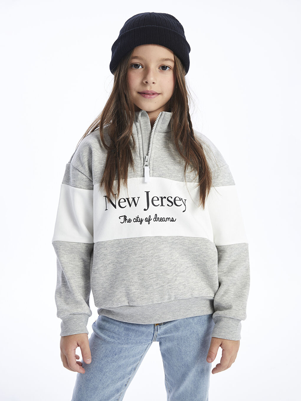 LCW Kids Gri Dik Yaka Baskılı Uzun Kollu Kız Çocuk Sweatshirt