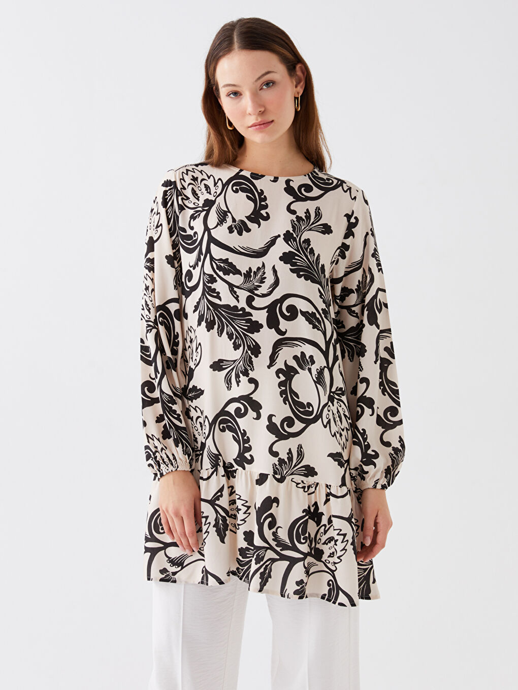 Ekru Bisiklet Yaka Desenli Uzun Kollu Kadın Tunik