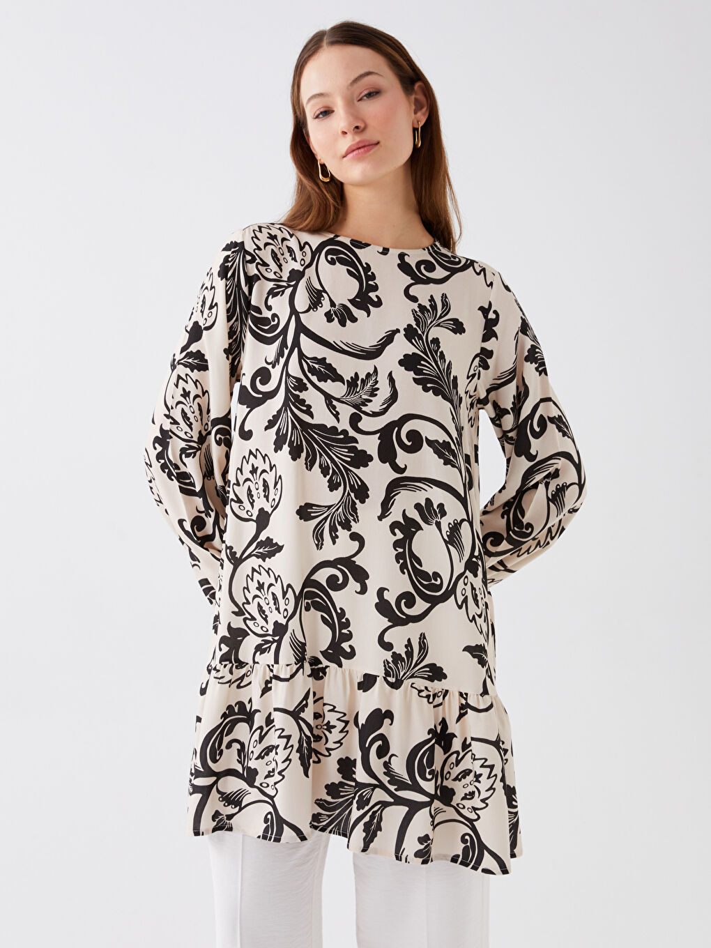 Ekru Bisiklet Yaka Desenli Uzun Kollu Kadın Tunik-2