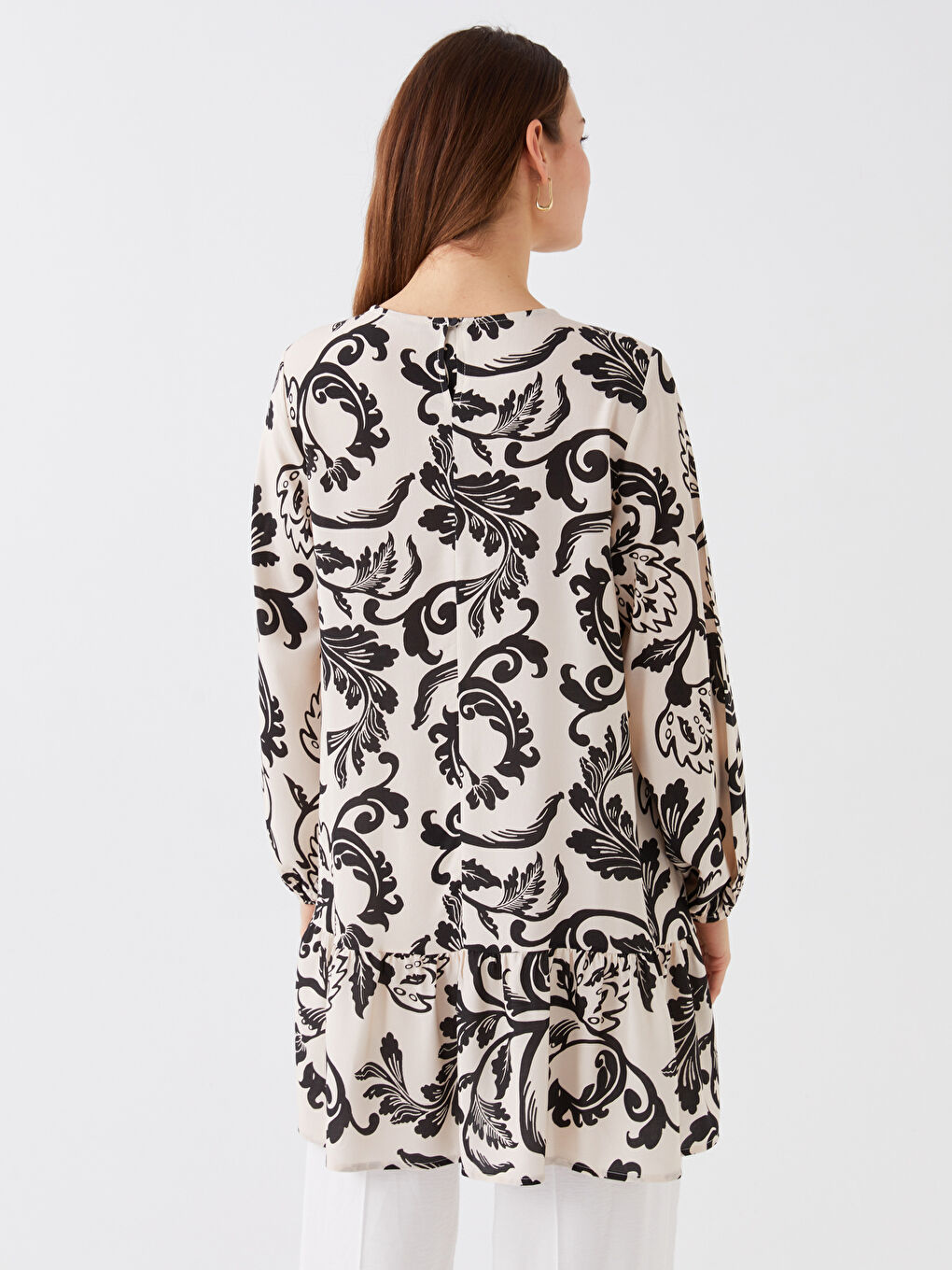 Ekru Bisiklet Yaka Desenli Uzun Kollu Kadın Tunik-4