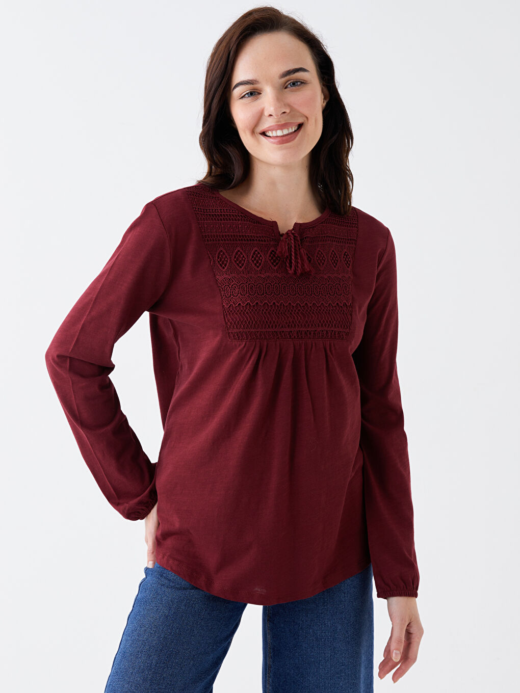 Bordo Bağlamalı Yaka Nakışlı Uzun Kollu Kadın Bluz