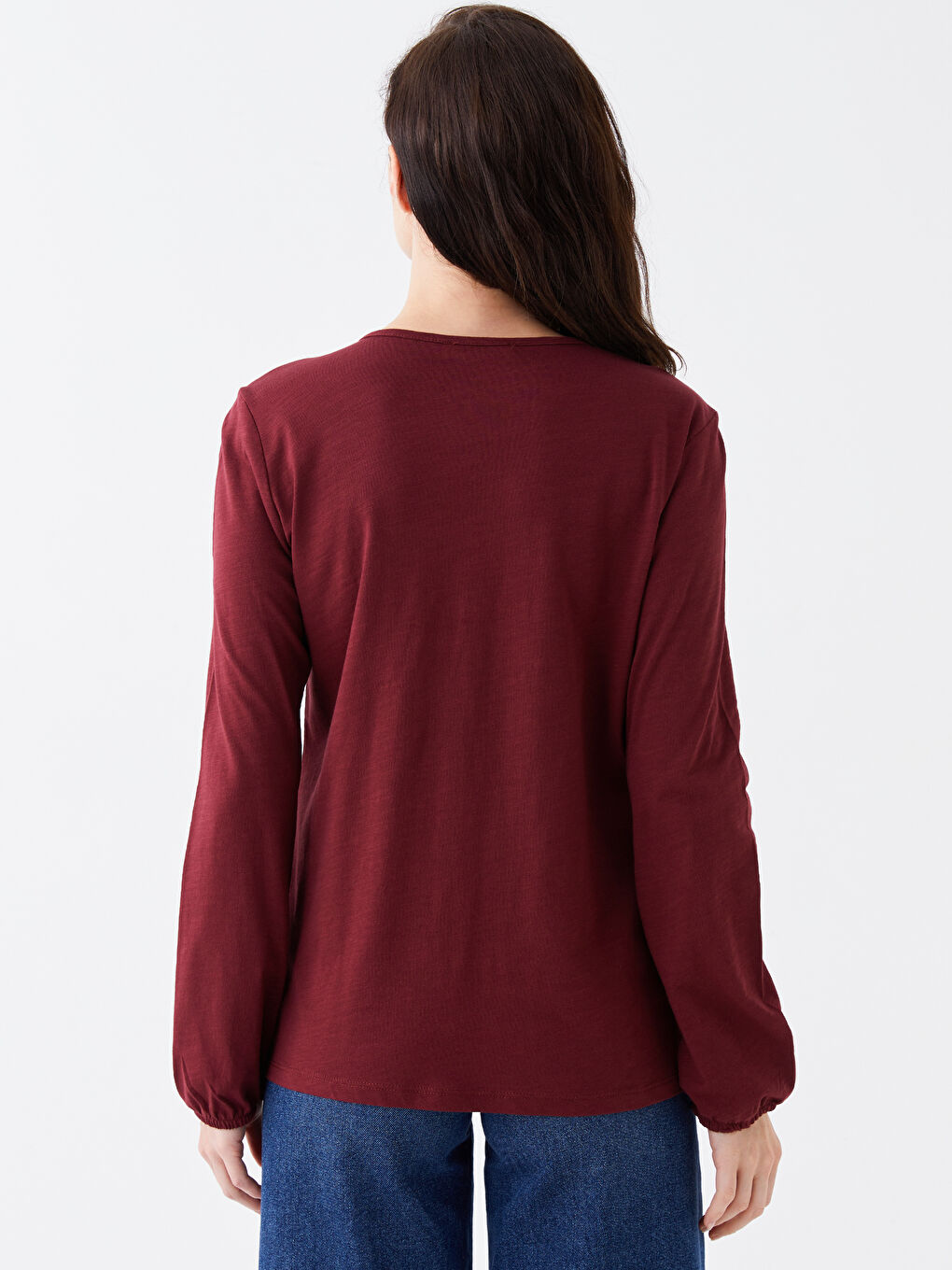 Bordo Bağlamalı Yaka Nakışlı Uzun Kollu Kadın Bluz-3