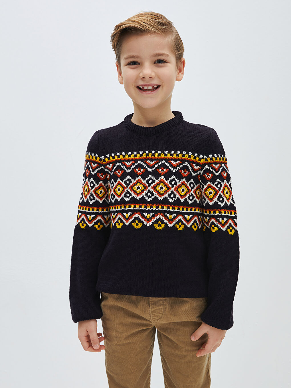 Lacivert Bisiklet Yaka Desenli Uzun Kollu Erkek Çocuk Triko Kazak