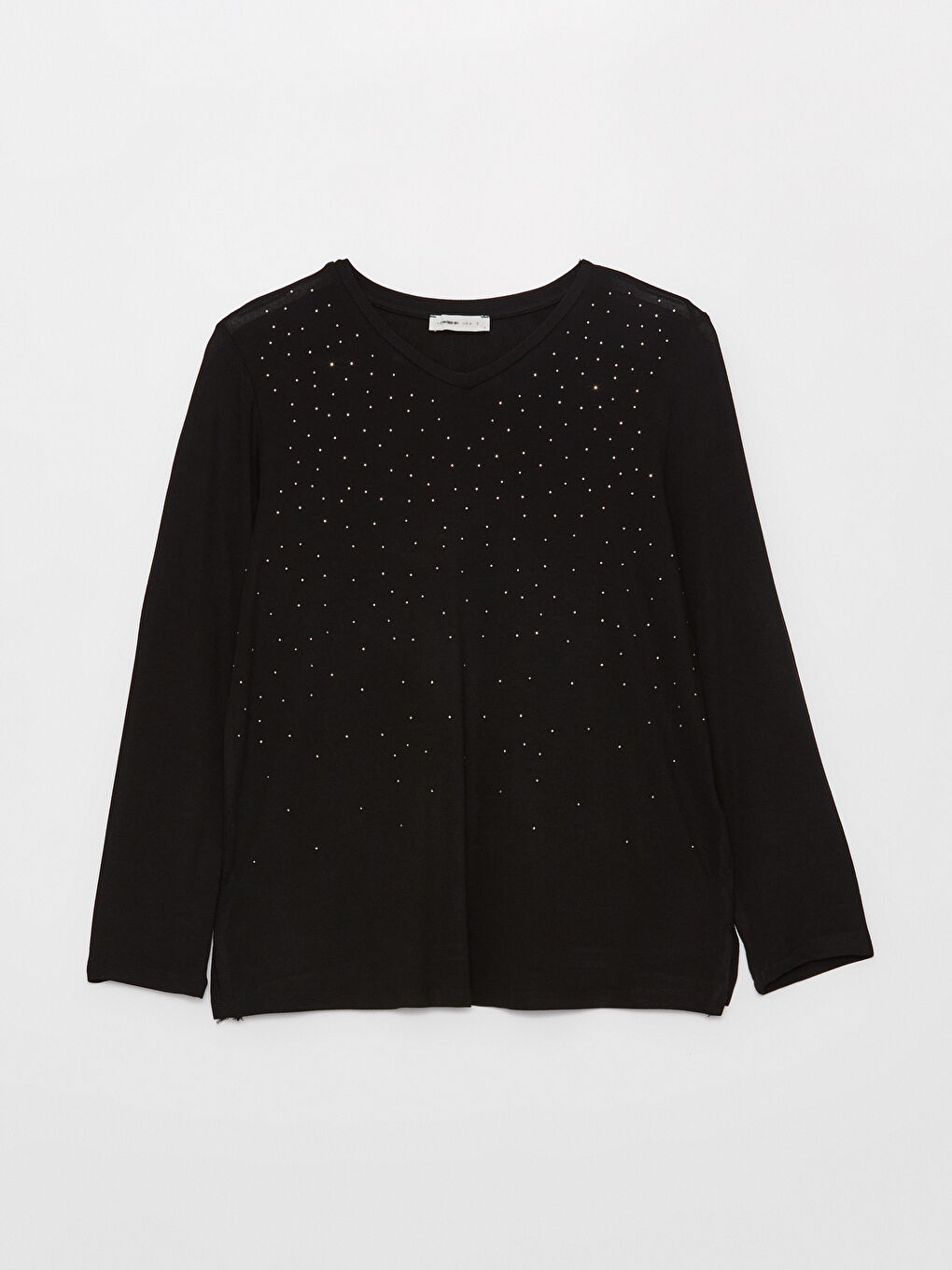 Siyah V Yaka Taşlı Uzun Kollu Kadın Bluz-5