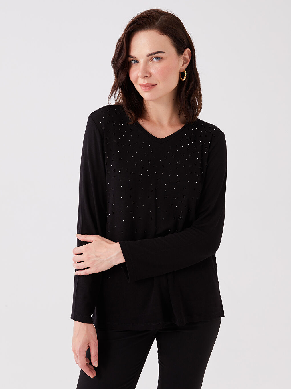 Siyah V Yaka Taşlı Uzun Kollu Kadın Bluz