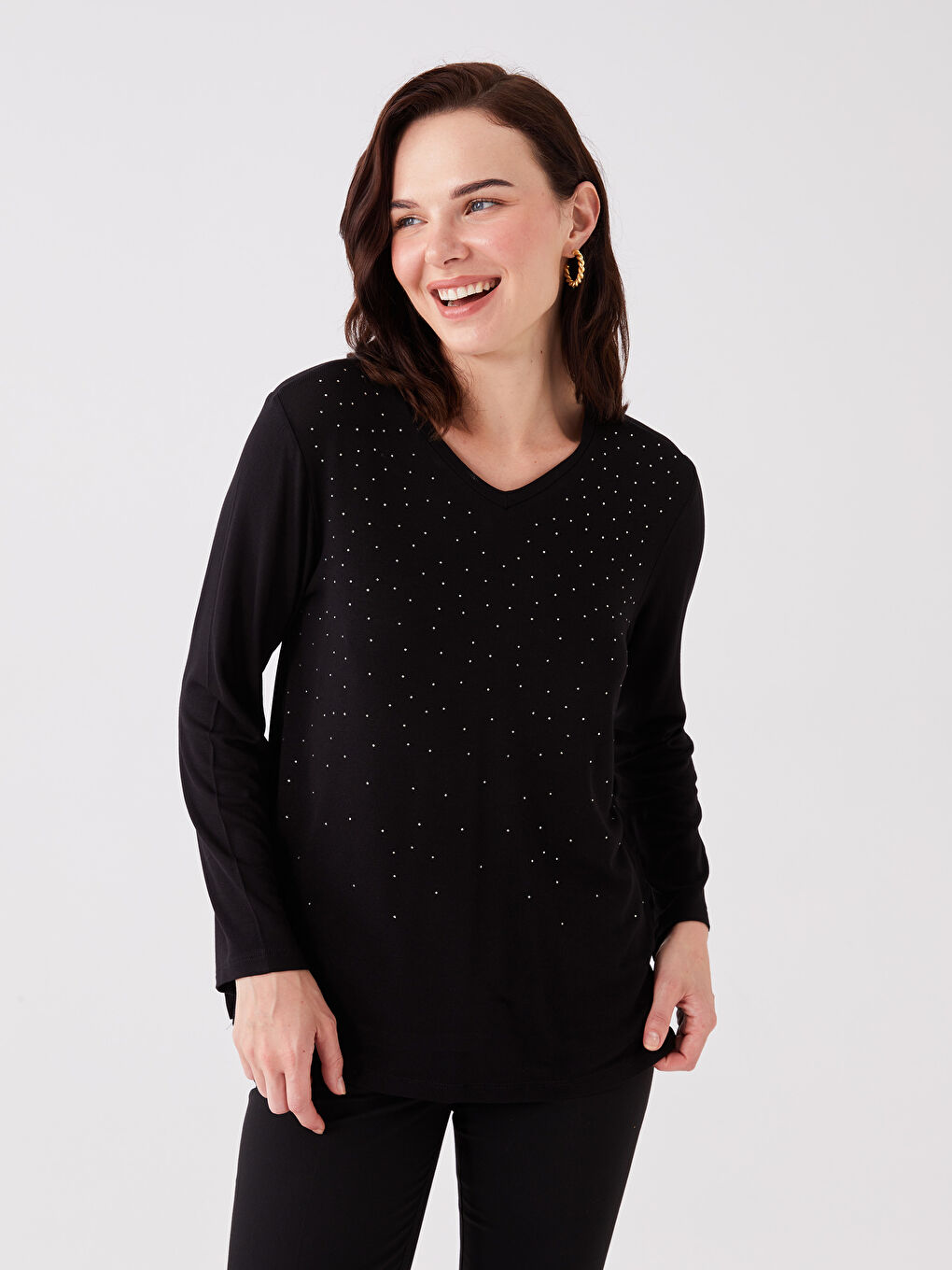 Siyah V Yaka Taşlı Uzun Kollu Kadın Bluz-1