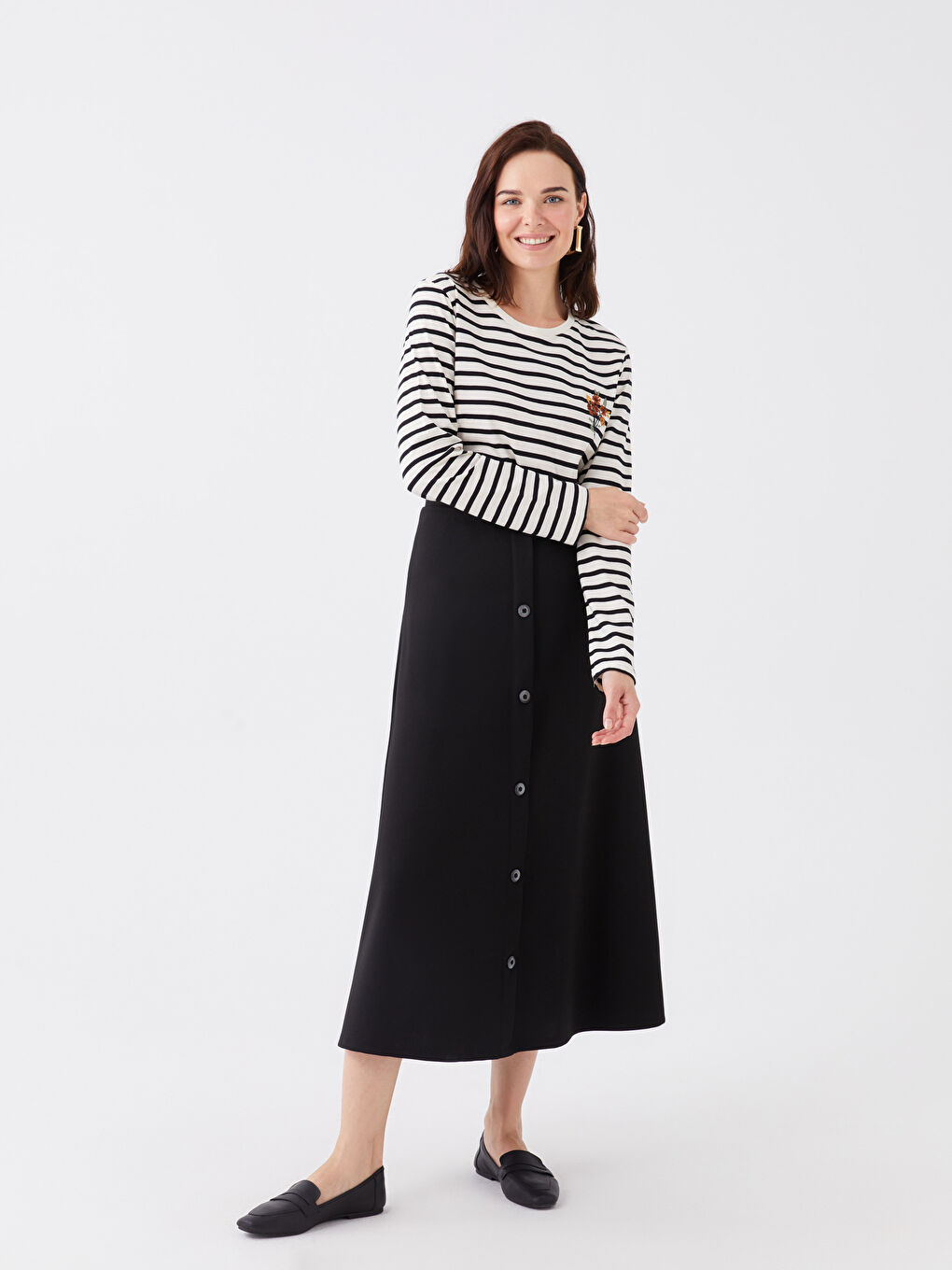 Siyah Bisiklet Yaka Çizgili Uzun Kollu Kadın Tişört-2