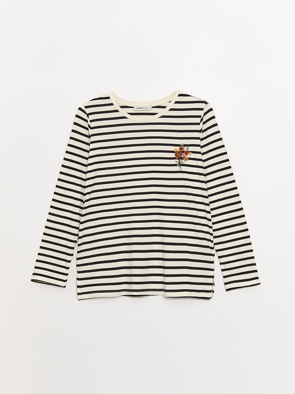 Siyah Bisiklet Yaka Çizgili Uzun Kollu Kadın Tişört-5