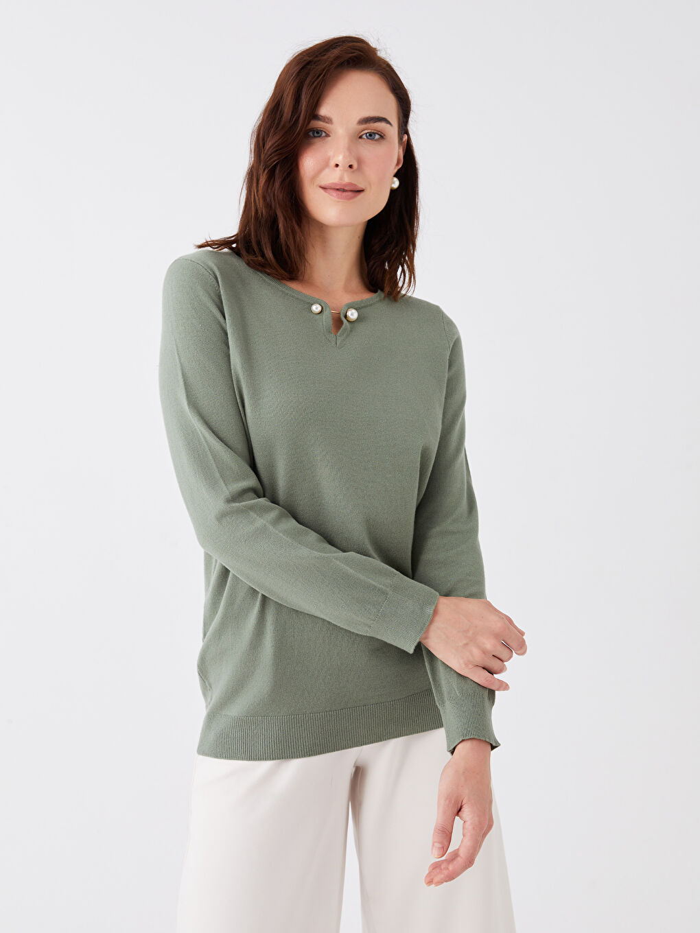LCW Grace Crew Neck Plain Long Sleeve Women's Knitwear Sweater -W39485Z8-GN2
