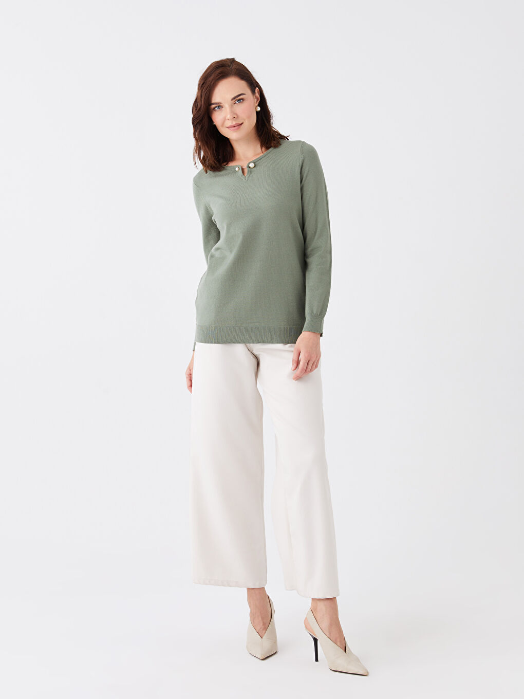 LCW Grace Crew Neck Plain Long Sleeve Women's Knitwear Sweater -W39485Z8-GN2