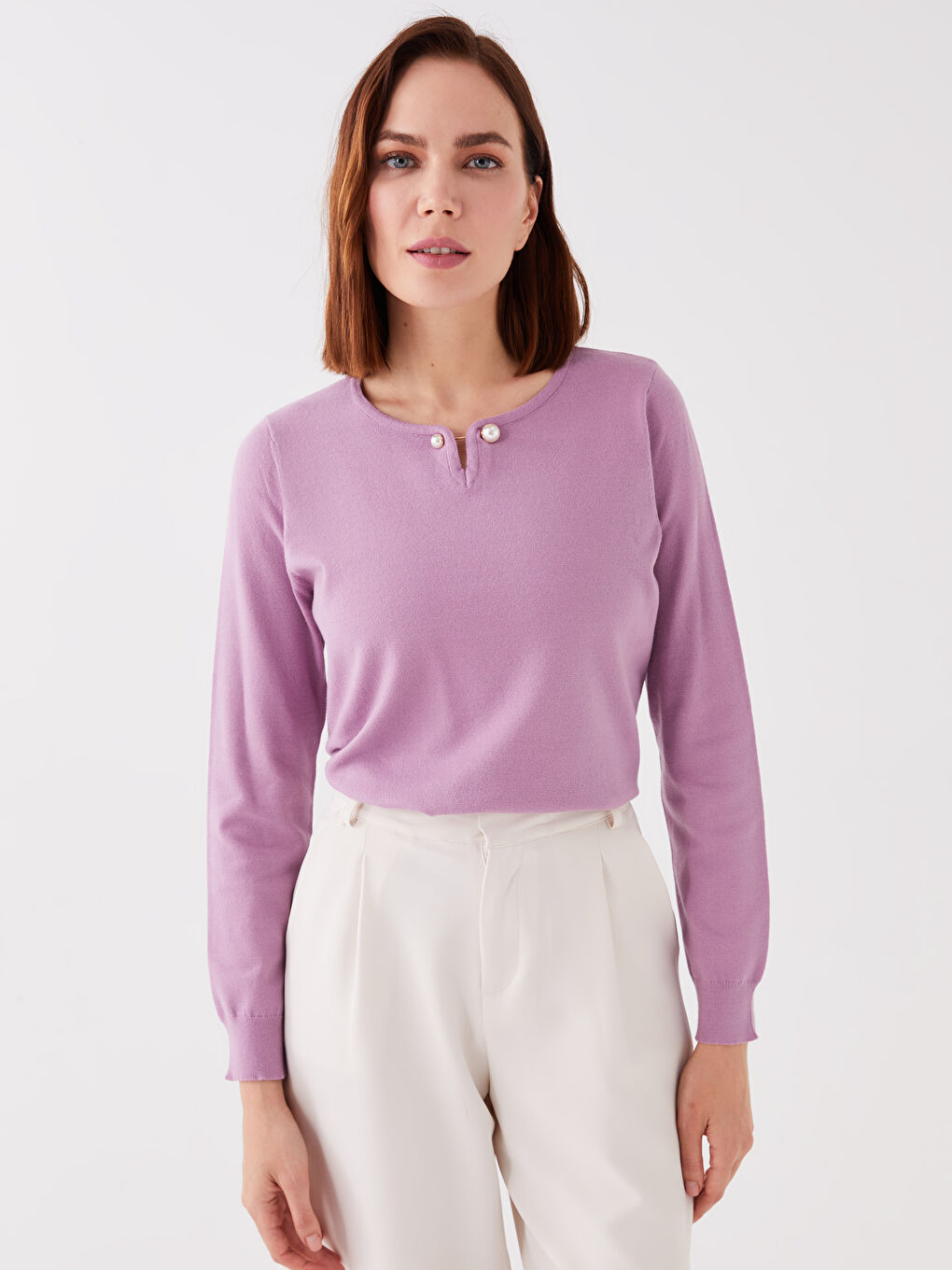 Crew Neck Plain Long Sleeve Women's Knitwear Sweater -W39485Z8-GTM