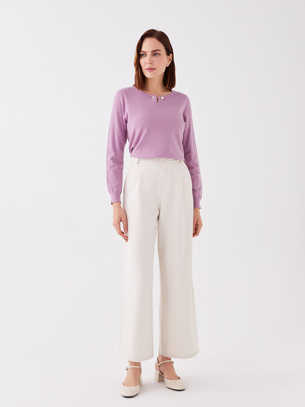 Crew Neck Plain Long Sleeve Women's Knitwear Sweater -W39485Z8-GTM