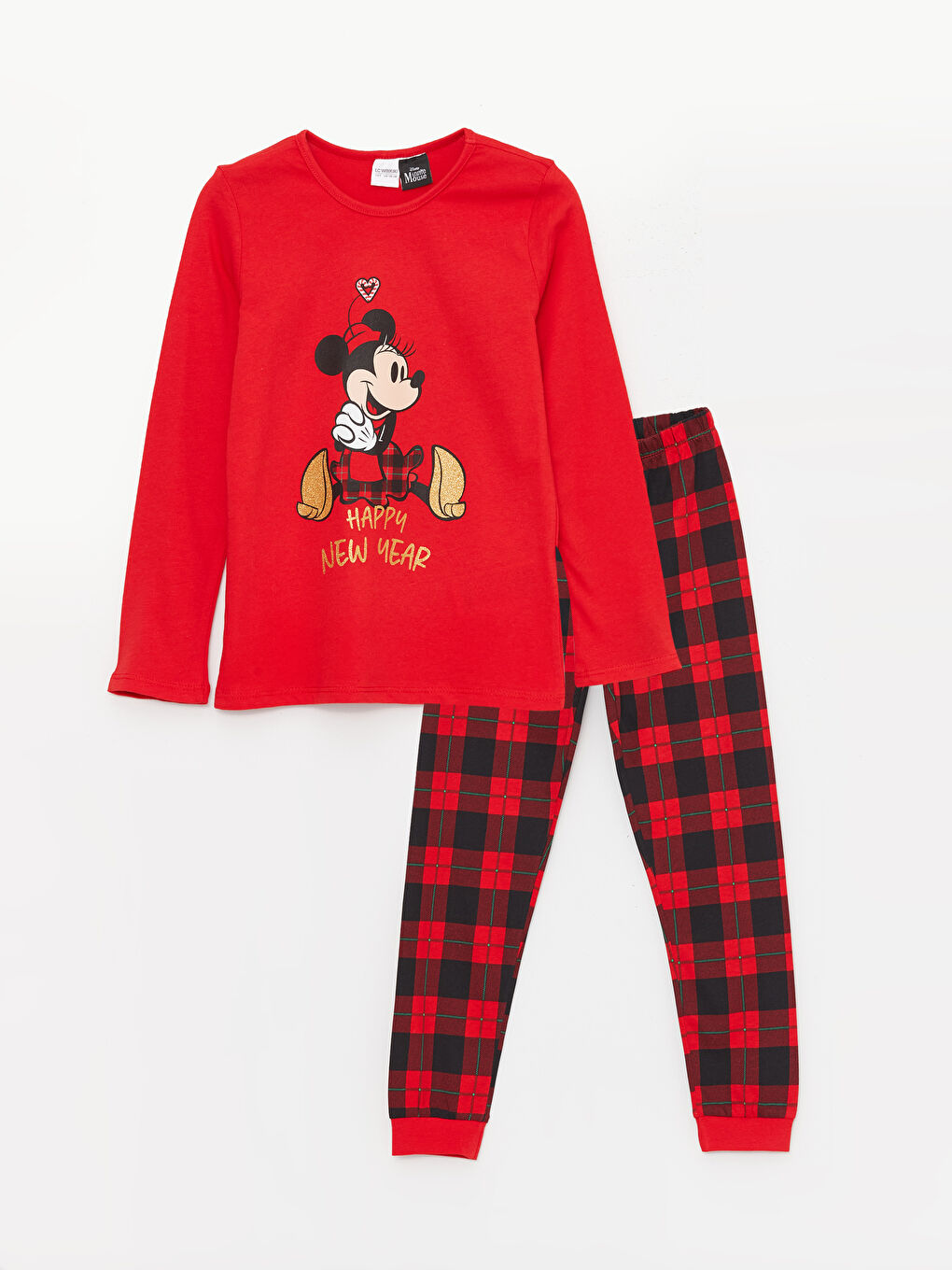 LCW Kids Canlı Kırmızı Bisiklet Yaka Minnie Mouse Baskılı Uzun Kollu Kız Çocuk Pijama Takımı