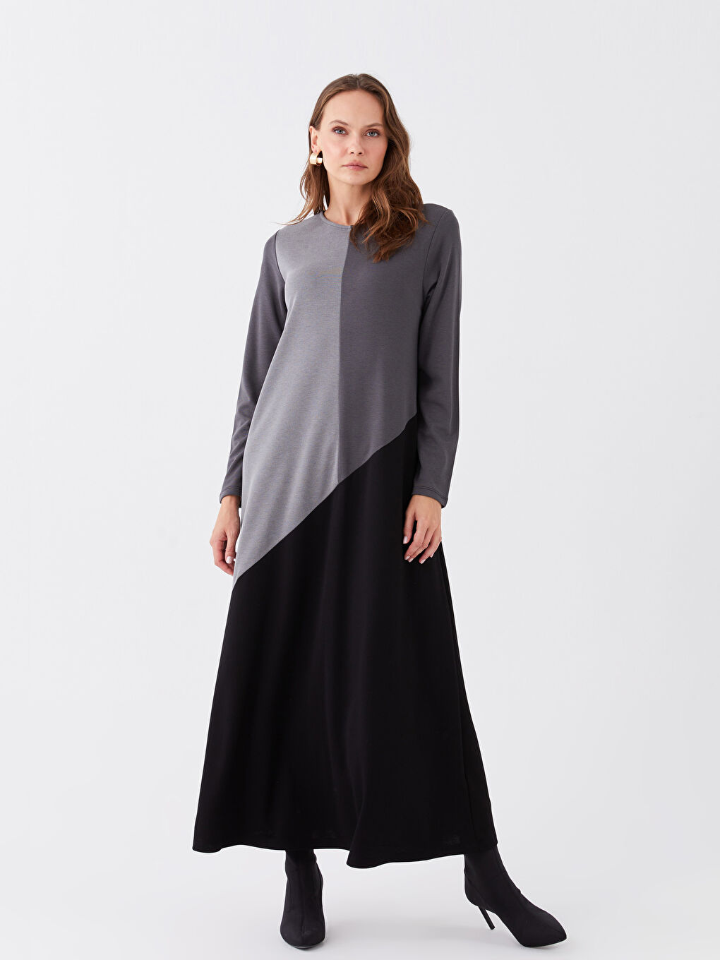 Siyah Bisiklet Yaka Renk Bloklu Uzun Kollu Kadın Elbise