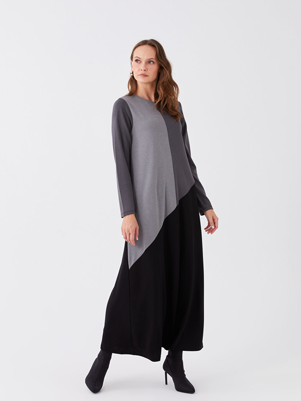 Siyah Bisiklet Yaka Renk Bloklu Uzun Kollu Kadın Elbise-1