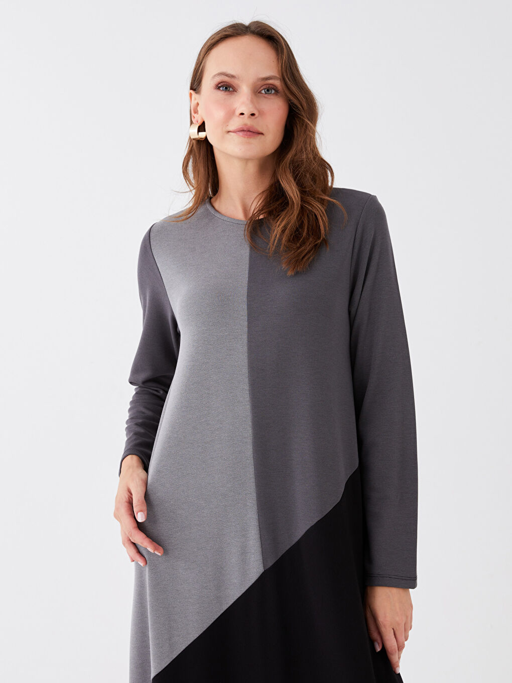 Siyah Bisiklet Yaka Renk Bloklu Uzun Kollu Kadın Elbise-2