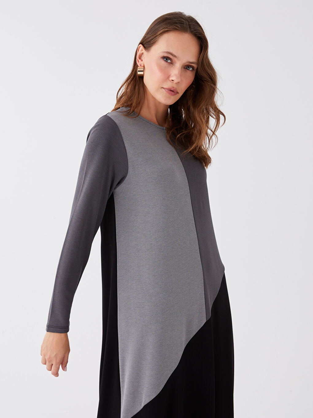 Siyah Bisiklet Yaka Renk Bloklu Uzun Kollu Kadın Elbise-3