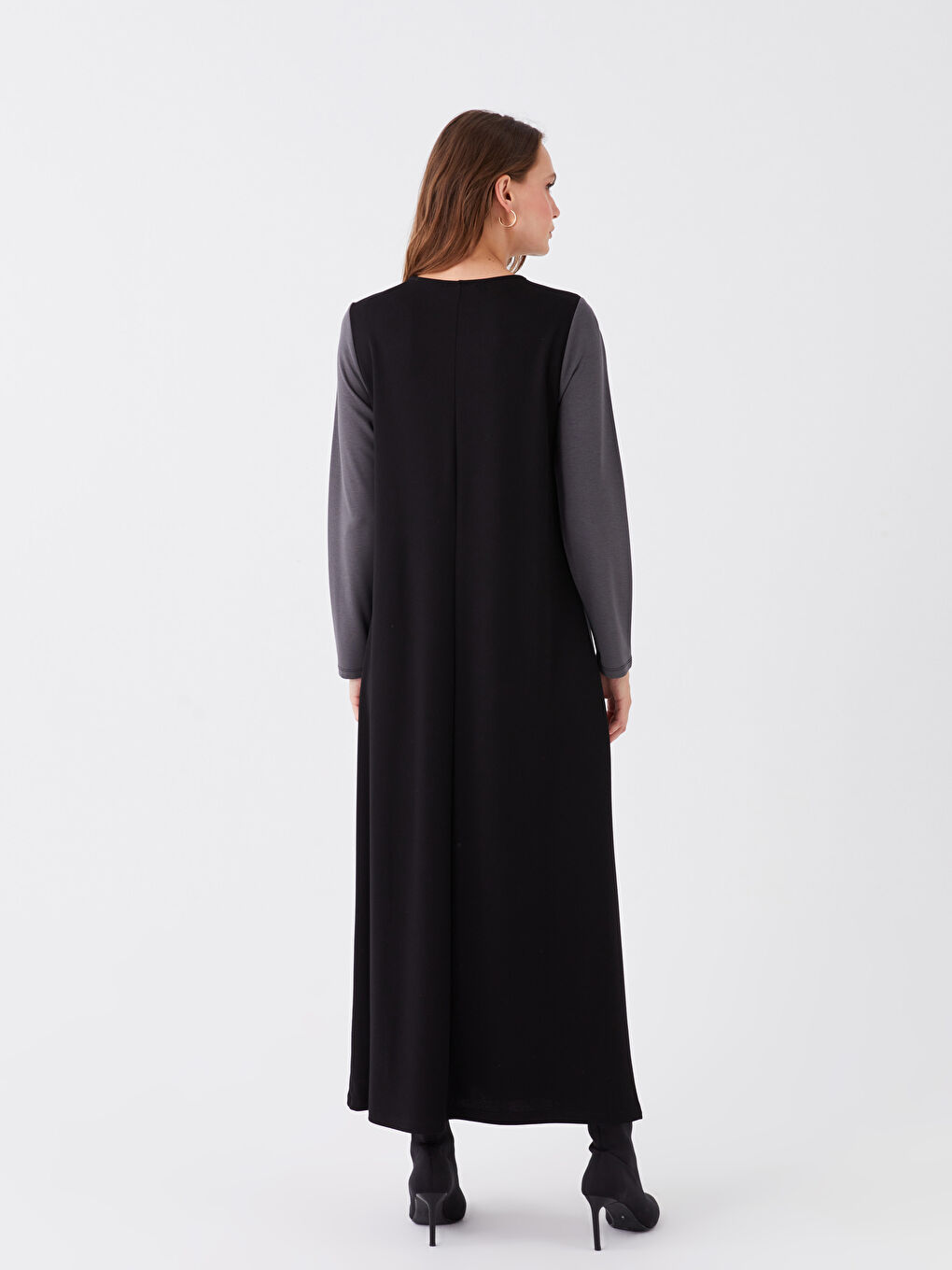 Siyah Bisiklet Yaka Renk Bloklu Uzun Kollu Kadın Elbise-5