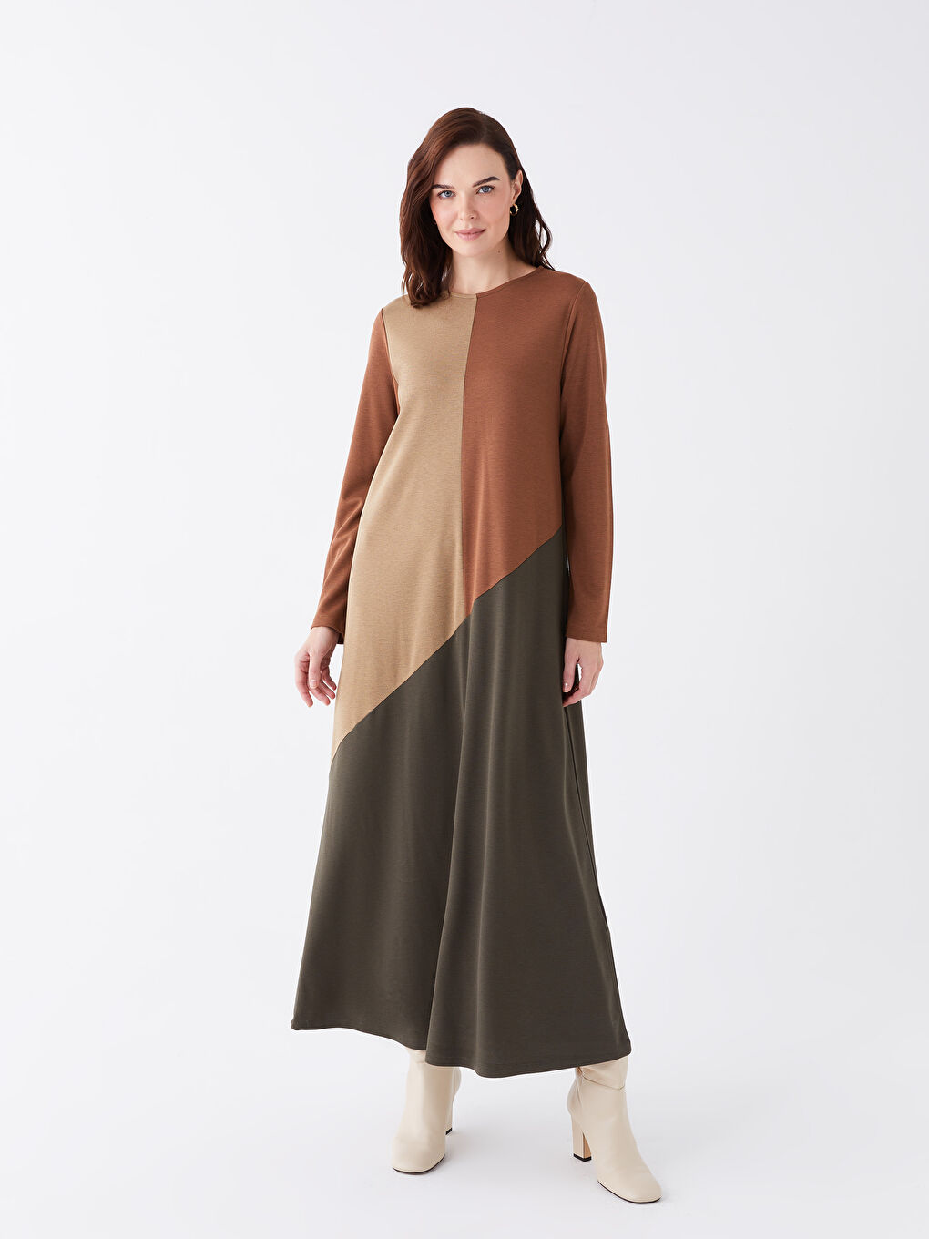 Crew Neck Long Sleeve Women's Dress with Color Block