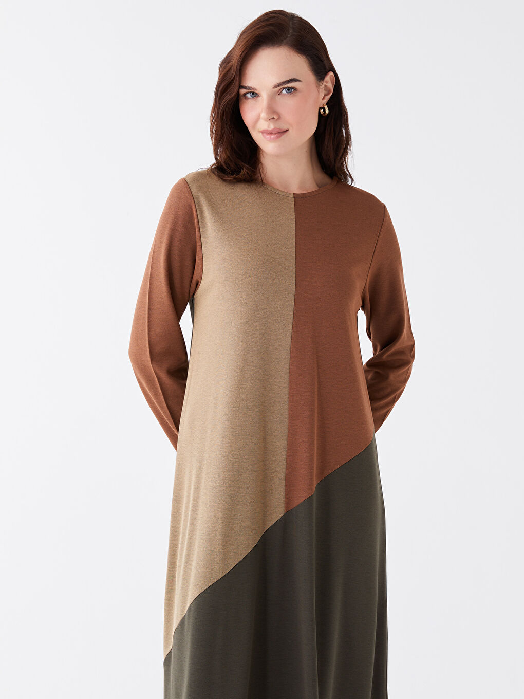 Crew Neck Long Sleeve Women's Dress with Color Block-2