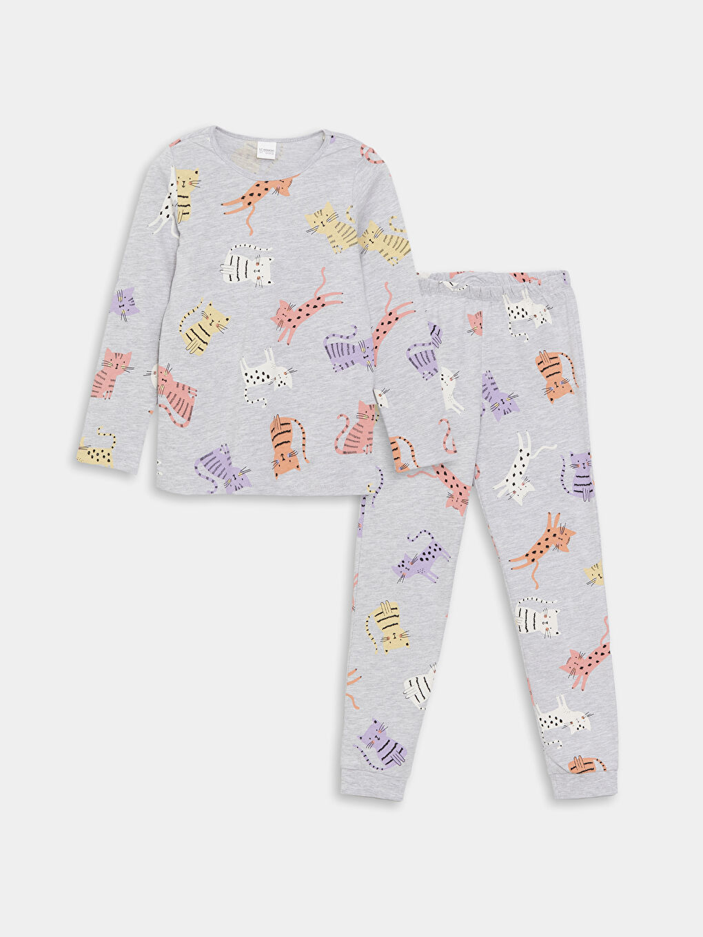 LCW Kids Gri Bisiklet Yaka Baskılı Uzun Kollu Kız Çocuk Pijama Takımı