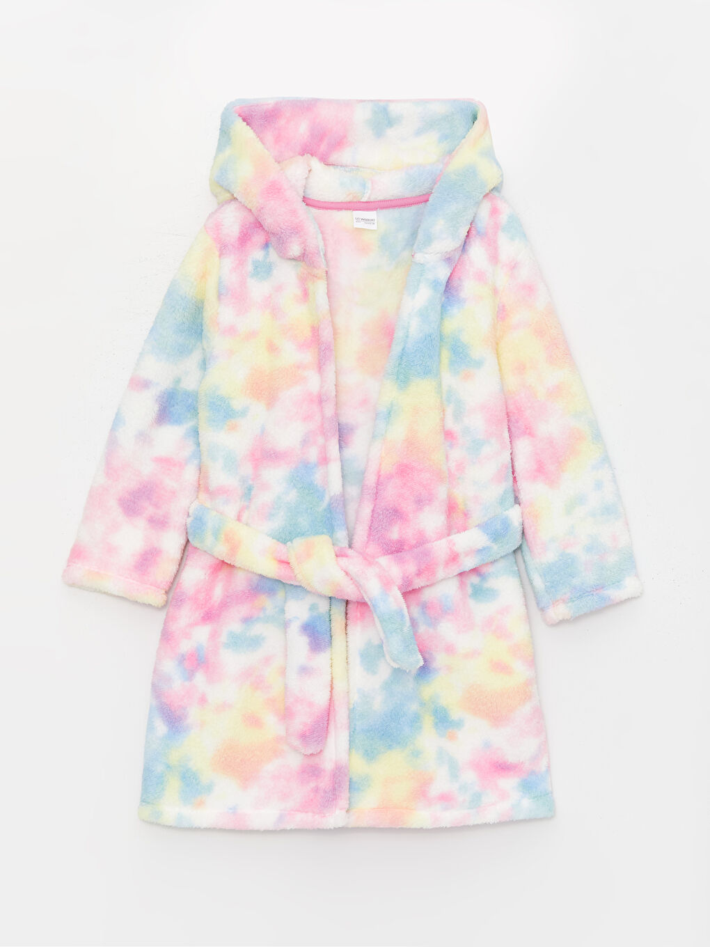 Beyaz Kapüşonlu Desenli Uzun Kollu Pelüş Kız Çocuk Sabahlık