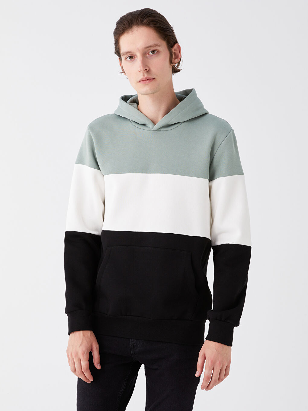 LCW Casual Mat Yeşil Uzun Kollu Renk Bloklu Erkek Hoodie - 2