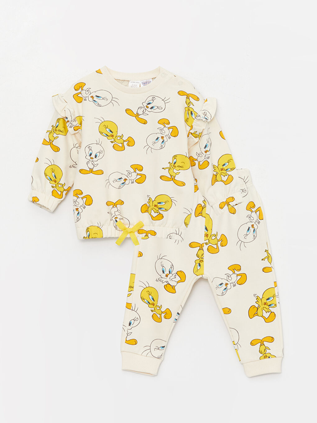 LCW baby Ekru Bisikler Yaka Kız Bebek Tweety Baskılı Sweatshirt ve Tayt Pantolon 2'li