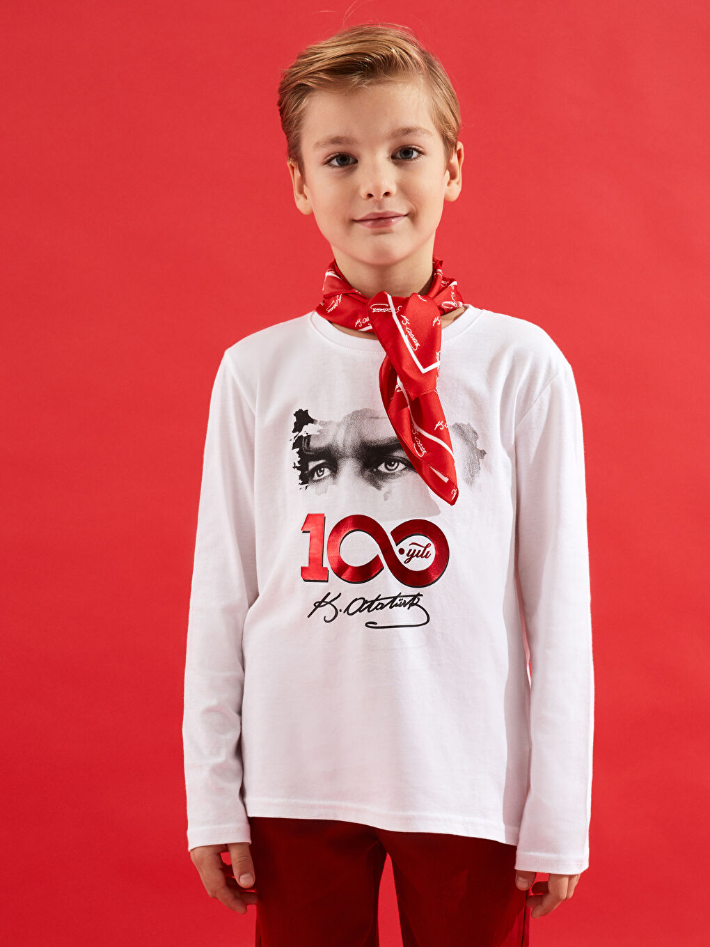 Beyaz Bisiklet Yaka Atatürk Baskılı Uzun Kollu Erkek Çocuk Tişört-2