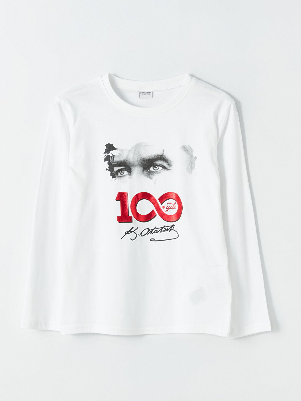 Beyaz Bisiklet Yaka Atatürk Baskılı Uzun Kollu Erkek Çocuk Tişört-3