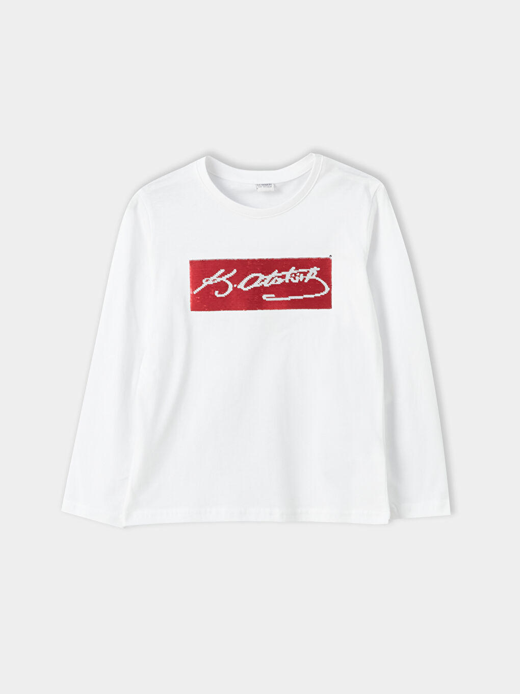 Beyaz Bisiklet Yaka Atatürk İmzalı Çift Yönlü Payetli Uzun Kollu Erkek Çocuk Tişört-2