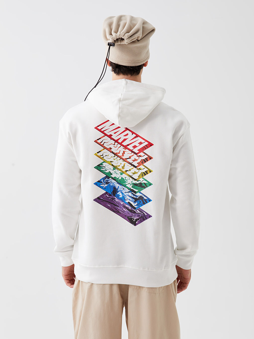 LCW Casual Kırık Beyaz Uzun Kollu Baskılı Erkek Hoodie - 4