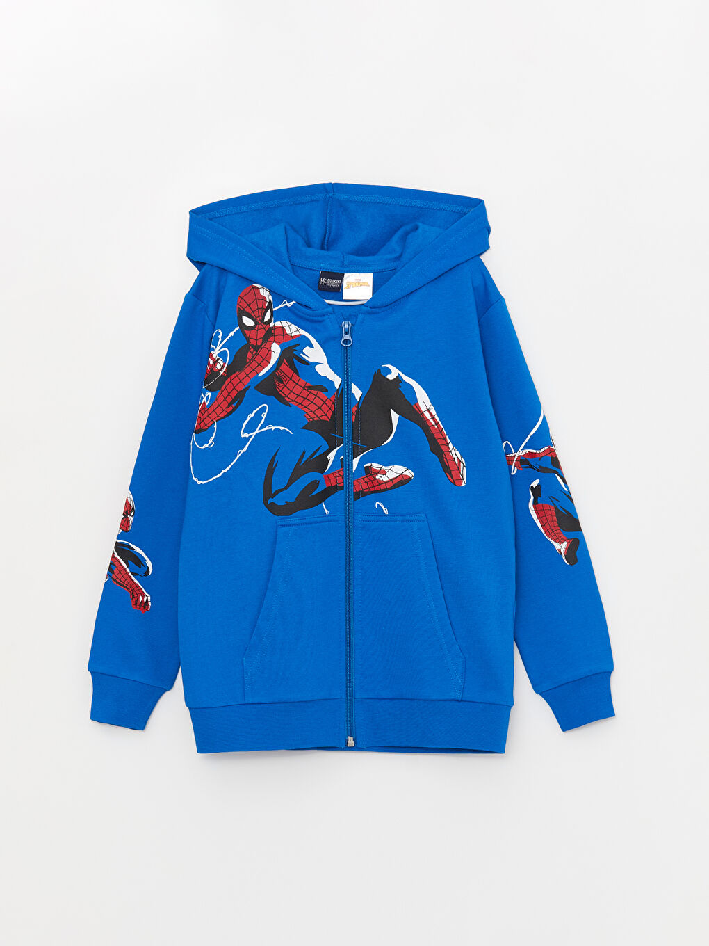 LCW Kids Koyu Mavi Kapüşonlu Spiderman Baskılı Uzun Kollu Erkek Çocuk Fermuarlı Sweatshirt