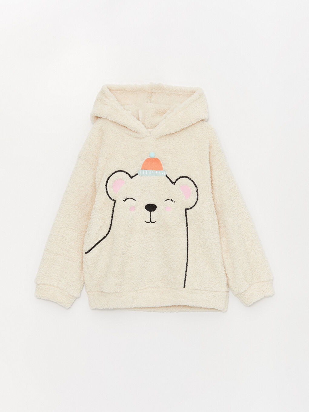 LCW Kids Ekru Nakışlı Uzun Kollu Pelüş Kız Çocuk Hoodie