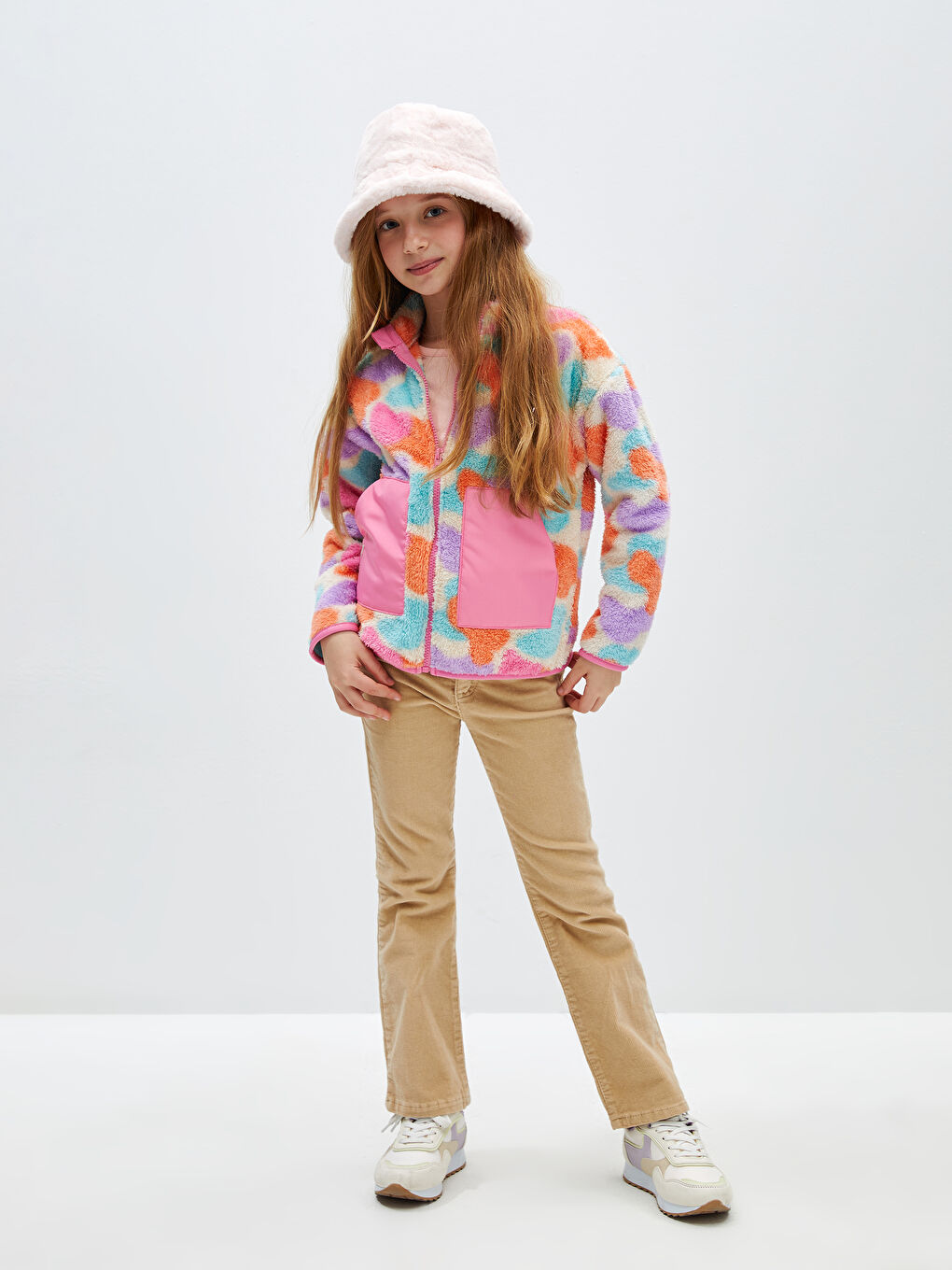 Sweatshirt Zippé Fille à Motifs Col Cheminée Manches Longues en Peluche-1