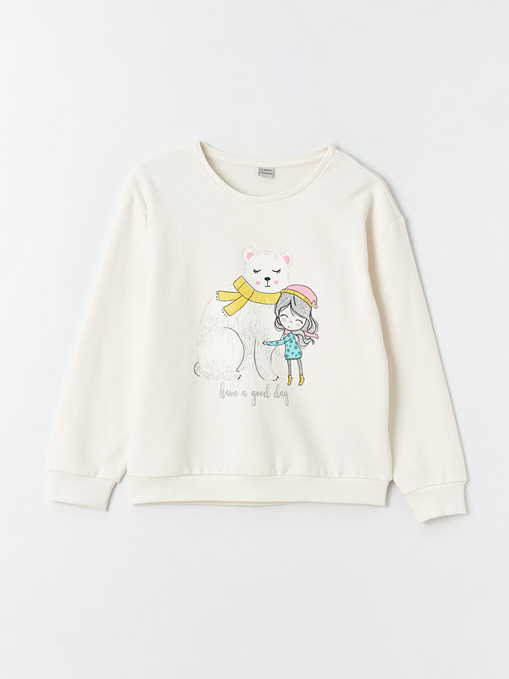 LCW Kids Ekru Bisiklet Yaka Baskılı Uzun Kollu Kız Çocuk Sweatshirt