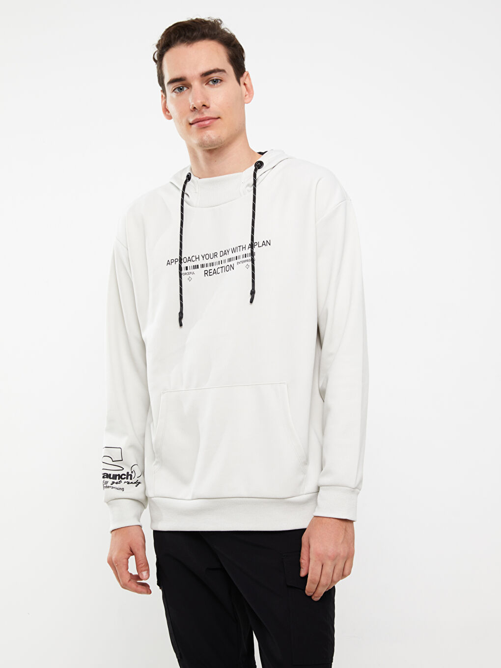 LCW Casual Açık Gri Uzun Kollu Baskılı Erkek Hoodie