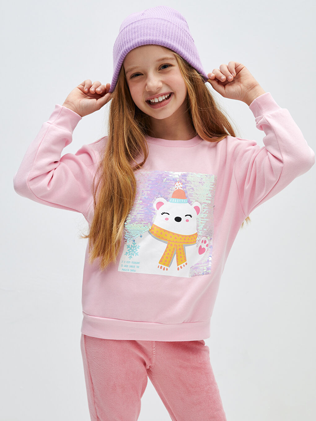 LCW Kids Bisiklet Yaka Baskılı Çift Yönlü Payetli Uzun Kollu Kız Çocuk Sweatshirt -W39757Z4-FYX