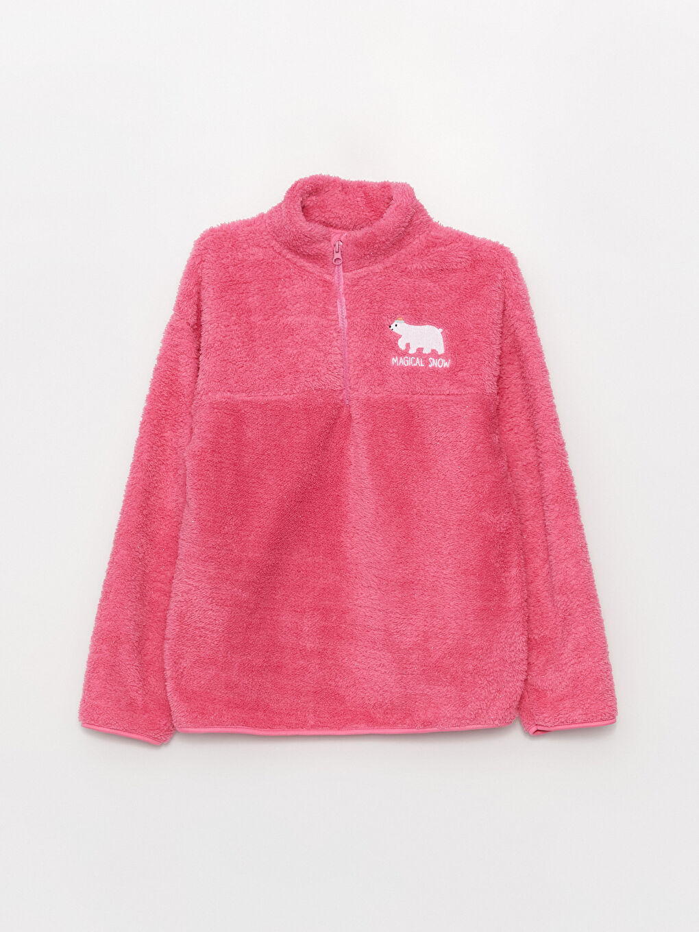 LCW Kids Pembe Dik Yaka Nakışlı Uzun Kollu Pelüş Kız Çocuk Sweatshirt