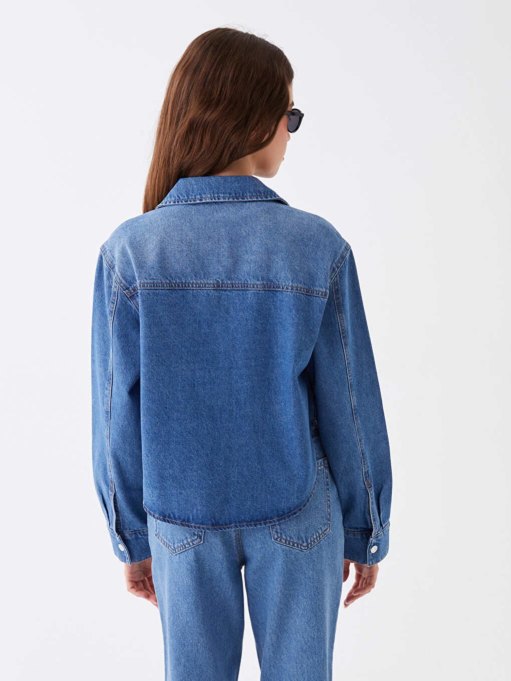 Plain Long Sleeve Women's Denim Jacket-4
